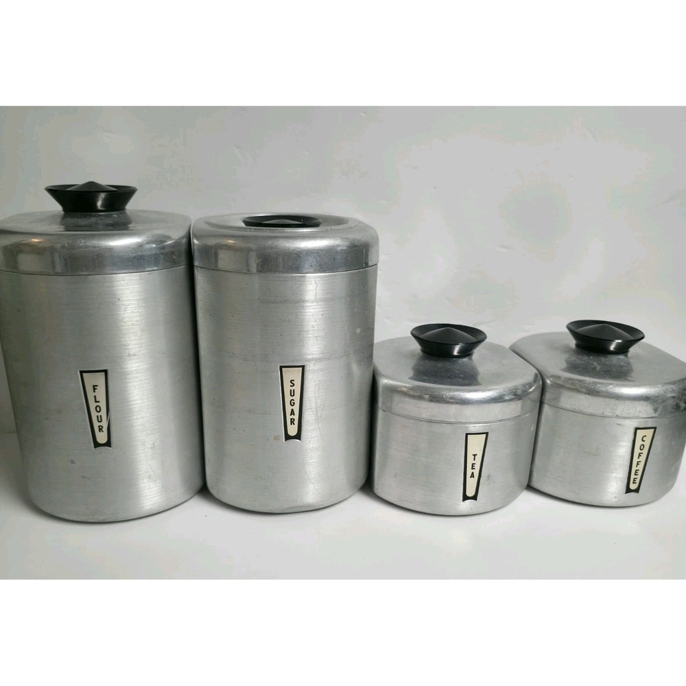 Vintage Kromex Aluminum Canister Set 4pc Flour Sugar Coffee Tea 1950s MCM Retro